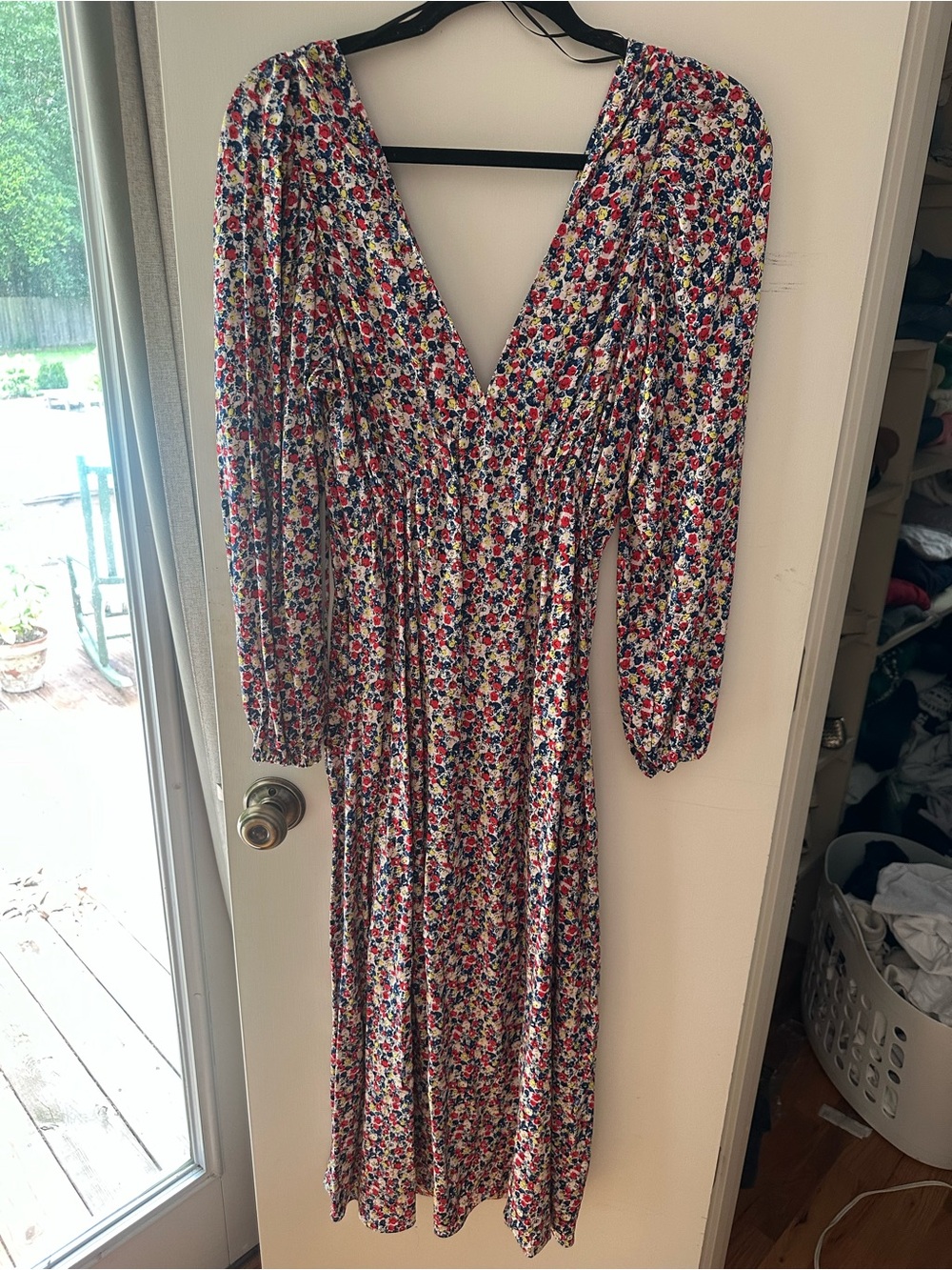 Floral V-Neck Long Sleeve Midi Dress - Red Multi